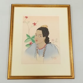 Paul Jacoulet framed woodblock print  Une Juene Fille De Fidji Oceanie pencil signed above red fan
