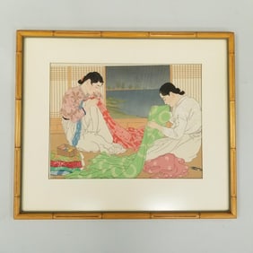 Paul Jacoulet framed woodblock print Prepapartifs pour l' Hiver, Pouh-zan: Coree pencil signed above