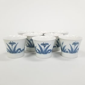 8 Japanese blue & white Soba cups with iris & egret motif- 2 1/2"H 3 1/4"W largest (some glaze