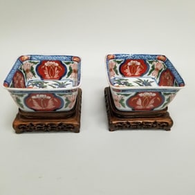 Pair antique Japanese Ko-Imari square porcelain bowls on carved wood stands- 3 7/8"H 5"W assembled