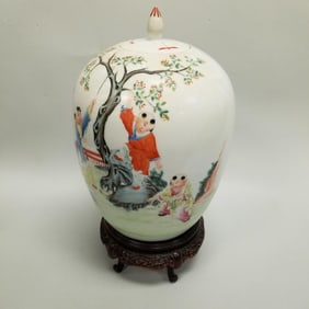 Antique Famille rose figural decorated jar on carved wood stand- 15"H 8"W assembled OD