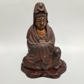 Carved & gilt wood Guanyin figure with wood stand (some flaking to finish) 12"H 9 3/8"W 6"D