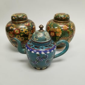 3 pieces cloisonne: 2 covered jars & antique teapot (repairs) 7"H 5 1/2"W largest
