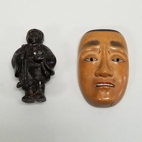 2 antique, etc. carved netsukes: mask & figure (repair) 2 1/8"H 1 3/8"W 7/8"D