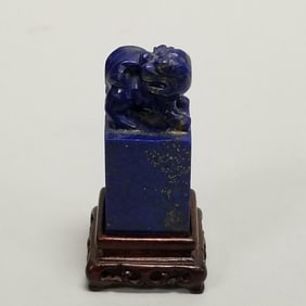 Carved lapis chop/ seal with foo lion on carved wood stand- 1 3/4"H 3/4"W 3/4"D assembled OD