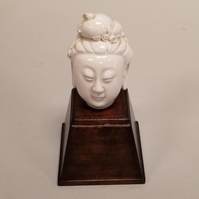 Ming Dynasty blanc de chine porcelain head fragment on custom wood stand 5"H 3"W 3 1/2"D assembled