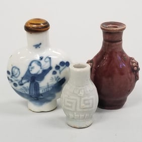 3 antique porcelain, etc. snuff bottles- 2 1/4"H 1 3/4"W largest