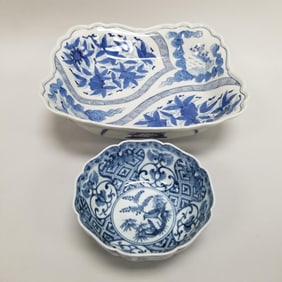 2 pieces Asian blue & white decorated porcelain: large square bowl & round bowl with bird motif- 3