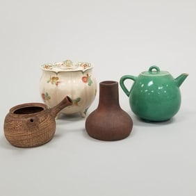 4 pieces antique Japanese pottery/porcelain incl Satsuma bowl with cover, teapot, etc (some as