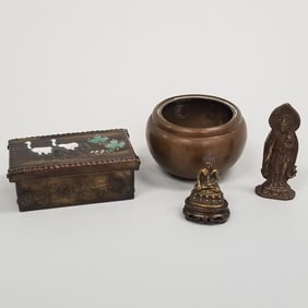 4 pieces vintage Asian metalware: enameled box, bronze pot, 2 small deity figures (1 wood stand) 2
