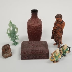 7 Asian carvings etc incl wood, pottery & stone stone figures, cinnabar box, vase (as seen: box,