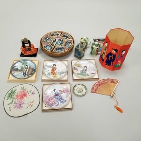 Group assorted Asian porcelain, etc incl lazy susan/ bowls, doll, figural wastebasket, etc- 4"H 13