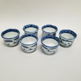 6 blue & white decorated porcelain cups with wave motif rim- 2 5/8"H 3 1/2"D