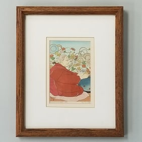 Paul Jacoulet framed woodblock Christmas card- Souvenirs d' Autrefois Japan-signature above red