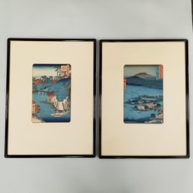2 Utagaro Hiroshige framed woodblock prints: Takinogawa, Oji, etc (1 as seen- creasing, dark spot)