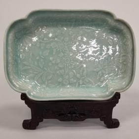 Celadon tray on carved wood stand- 2 1/4"H 12"L 8 1/2"W tray only
