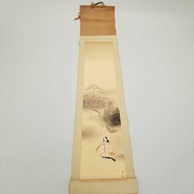 Antique signed scroll painting-figure in garden with non matching wooden box: scroll- 82"L 16"W