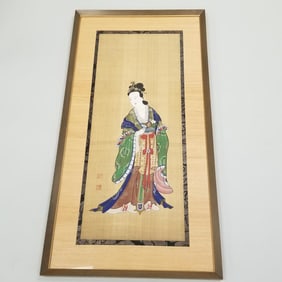 Framed female deity painting on linen with red seal marks- 42"H 21 3/4"W 1 1/4"D O.D.