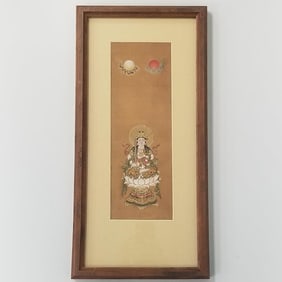 Votive framed scroll painting of deity on silk(?)- 19 3/4"H 9 1/2"W 1 1/4"D