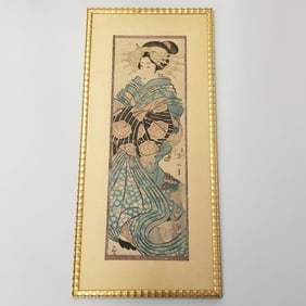 Antique framed woodblock diptych print Geisha - Eizan? (as seen uneven central joining of 2 sheets,