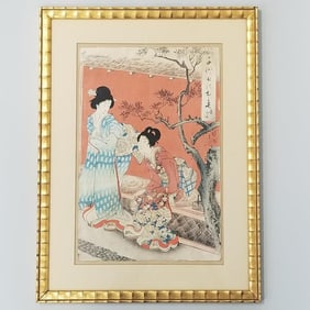 Antique framed Japanese woodblock print - 2 bijin-ga (as seen some paper curling; light staining)