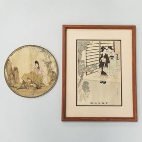 Antique Japanese framed woodblock print & antique circular hand painted fan on silk (both as seen