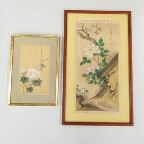 2 framed signed floral paintings on silk (some as seen-larger: creasing/losses; smaller: spotting,