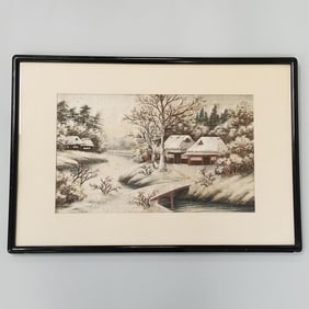 Vintage Japanese framed silk embroidery winter landscape- 23 3/4"H 16 3/4"W 3/4"D