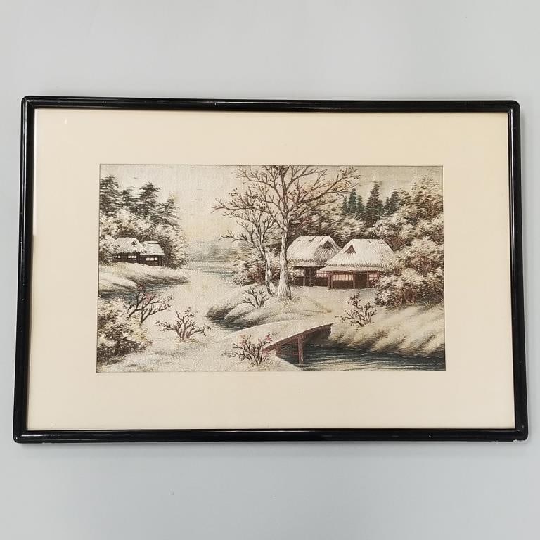 Vintage Japanese framed silk embroidery winter landscape- 23 3/4"H 16 3/4"W 3/4"D (1 of 9)
