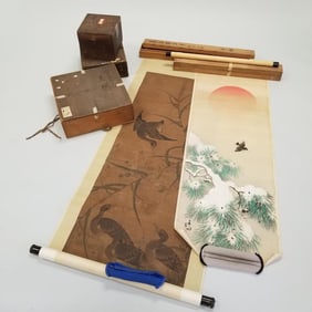 2 handpainted scroll paintings of ducks & bird and group of wood boxes & scroll parts (as seen -