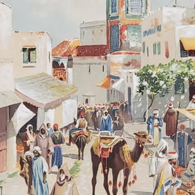 2 framed vintage artworks: signed Harris airbrush floral painting &Woodward Tangier lithograph (as