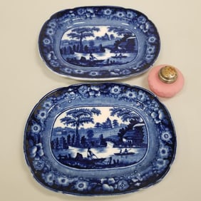 2 antique Dawson "Wild Rose" cobalt blue transferware platters & pink satin glass shaker (as