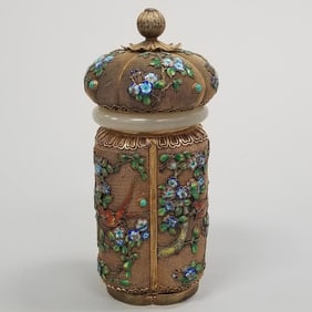 Chinese jade & enamel gilt silver covered box- 7 3/4"H 3 1/4"W