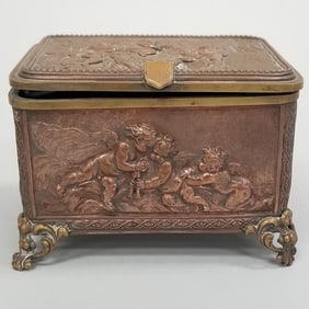 Antique embossed copper ink casket- 3 1/4"H 4 1/2"W 3 1/2"D