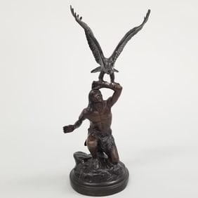 After Carl Paul Jennewein bronze on base "Indian and Eagle"- 12"H 5"W 4 1/2"D