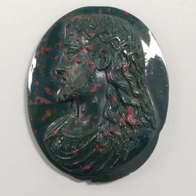 Antique carved bloodstone cameo- head of savior with crown of thorns, collection tag on back-