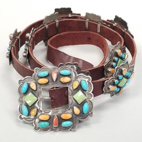 Lister signed sterling silver & inlaid stone concho belt-buckle- 2 1/2"H 3"W; conchos 1 3/4", 39