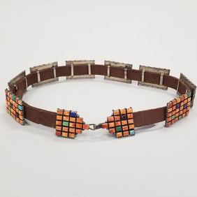 Southwest sterling silver & inlaid concho belt- stones incl coral, spiny oyster, turquoise, etc.