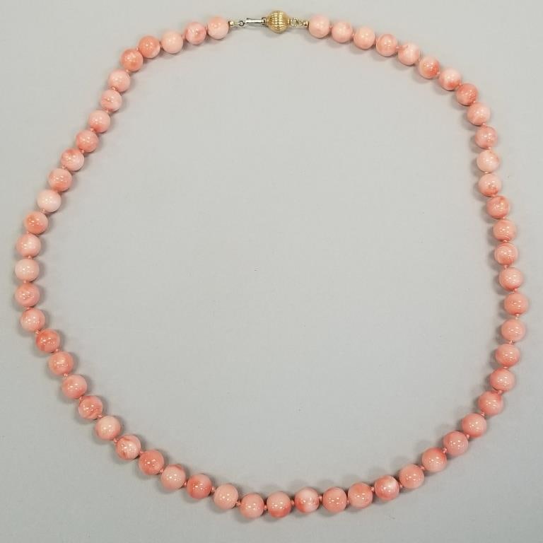 9mm angel skin coral bead necklace with 18K gold clasp- 61 grams, 24"L, hand knotted: 9mm angel skin coral bead necklace with 18K gold clasp- 61 grams, 24"L, hand knotted