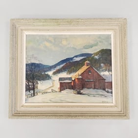 A.R. Herrick framed signed oil painting on board "Red Barn-Winter"- 22 1/4"H 26"W 1 3/4"D