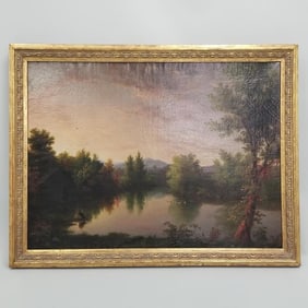 Antique Hudson River School framed oil painting on canvas (craquelure) 30"H 38 3/4"W 2 1/2"D