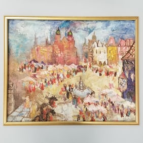 Glocar (Eau Claire, WI) framed signed oil painting on board- 25 1/2"H 31 5/8"W 1"D