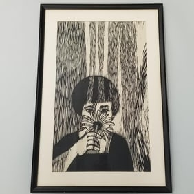Aidan Lynch, attribution, framed linocut- 34 3/4"H 23 1/2"W 3/4"D