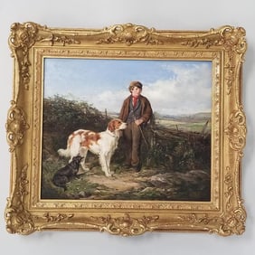H. Hardy (Heywood) framed signed oil painting on board- young man with dogs (as seen-some