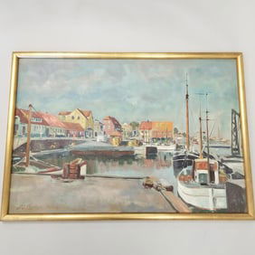 Otto Eilertsen signed framed oil painting on canvas board Allinge-Denmark- (some paint loss) 28"H 39