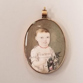 Antique handpainted double miniature portrait painting- child/man in tested 10K gold bezel (small