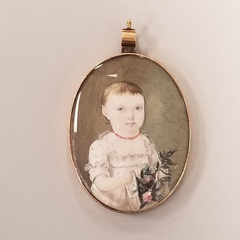 Antique handpainted double miniature portrait painting- child/man in tested 10K gold bezel (small (1 of 9)