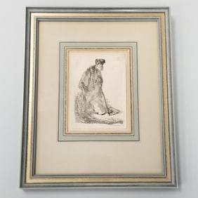 Rembrandt Harmenszoon Van Rijn etching "Man in a Coat and Fur Cap Leaning Against a Bank"- 4 3/4"H 3