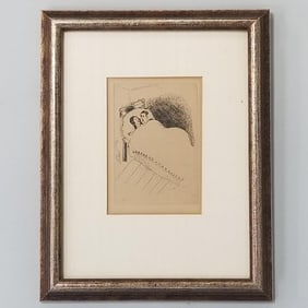 Marc Chagall framed etching "Couple in Bed"- 5 13/16"H 4"W image size; 14 3/8"H 11 3/8"W O.D.