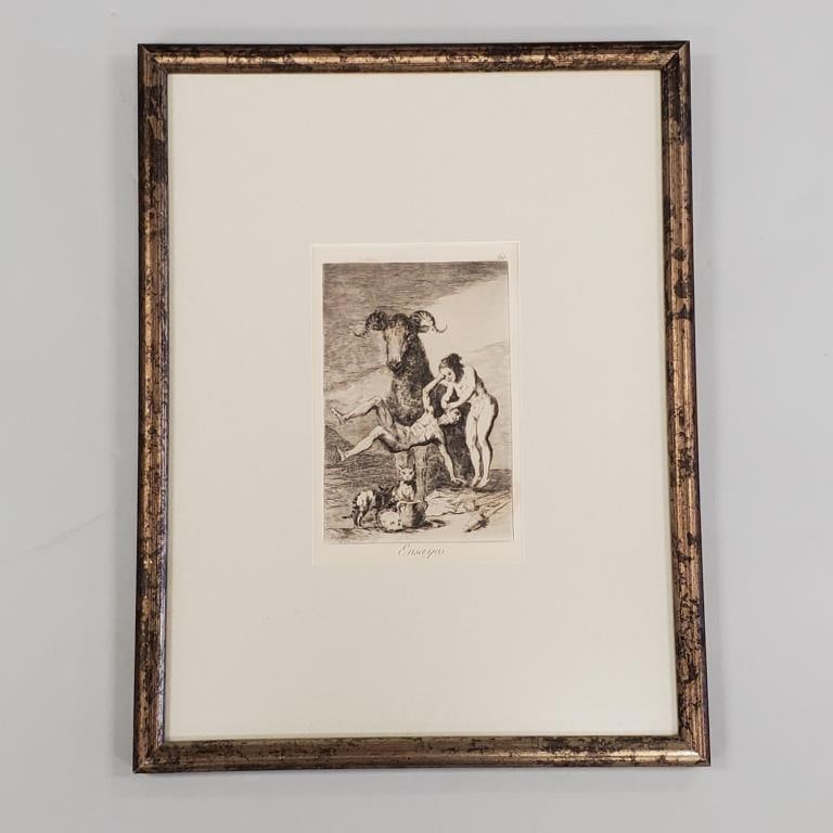 Francisco de Goya framed etching "Ensayos"- 7 5/16"H 4 13/16"W image; 18 5/8"H 14 3/8"W OD (1 of 7)